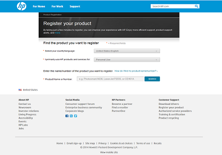 Página web de registro de productos de HP